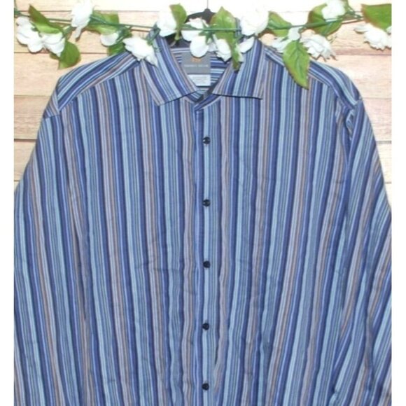 TD Thomas Dean Blue Striped Casual Button Up Shirt Size L Flip Contrast Cuff - Picture 2 of 10